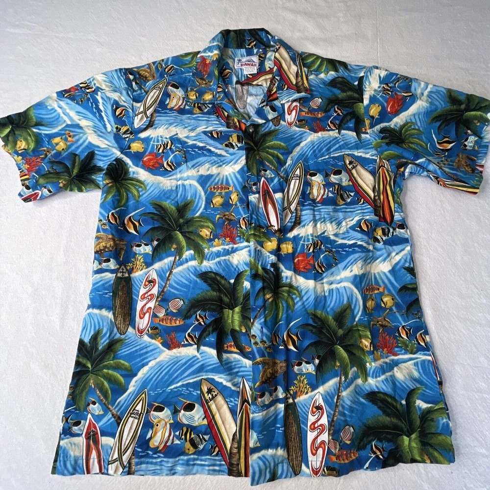 Hawaii Tag Hawaiian Surf shirt size L Made In Hawaii Blue Colorful Fish Surf